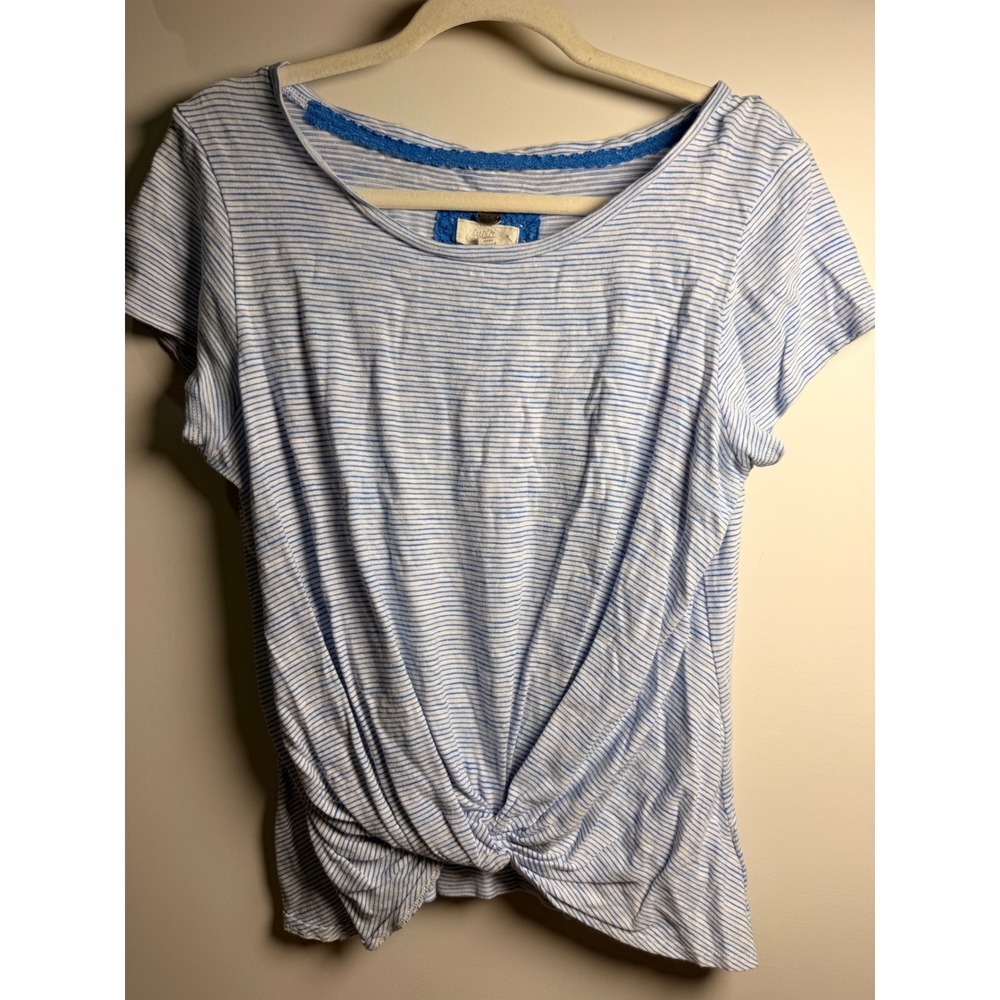 Cupio Striped Knit Top Women XL Blue White Excellent Front Twist Short Sleeve